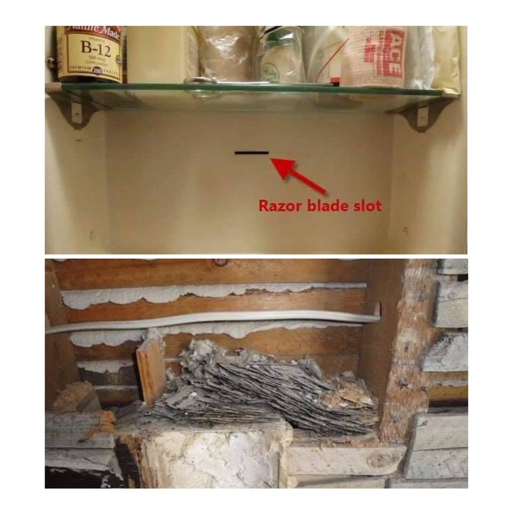 Top: A wall with a small slot labeled “Razor blade slot” under a glass shelf. Bottom: Inside the wall, many used razor blades are piled up between wooden studs and lath.