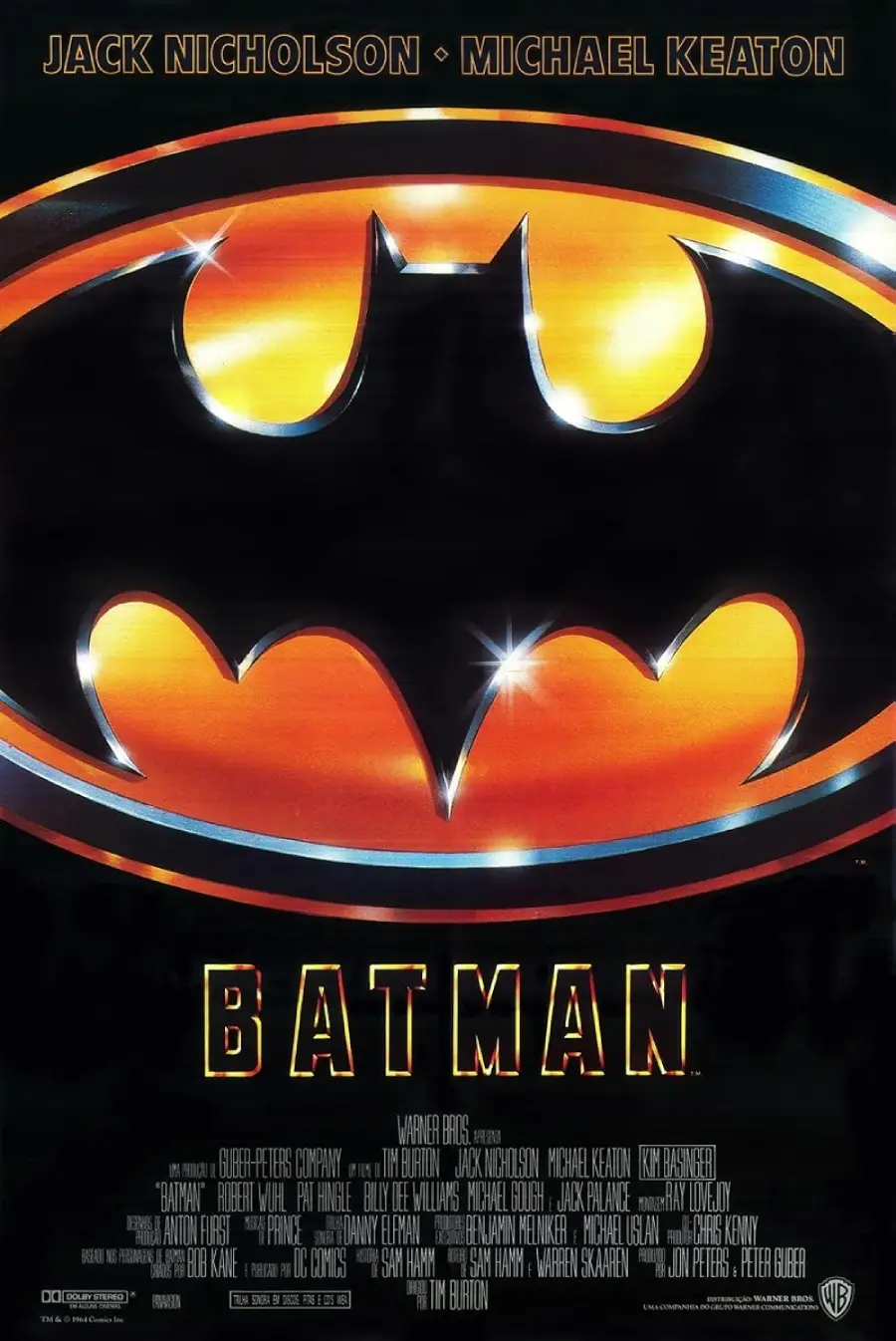 Poster for the 1989 Batman film, featuring a large, metallic Batman logo on a black background, with “Jack Nicholson” and “Michael Keaton” at the top, and “BATMAN” at the bottom.
