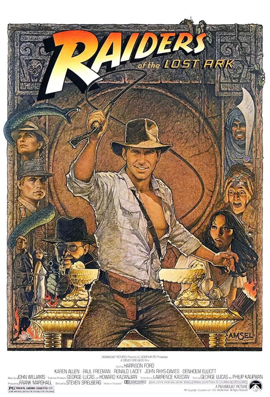 Poster for “Raiders of the Lost Ark” showing a man in a fedora with a whip, surrounded by various characters, ancient artifacts, and dramatic scenes from the film, all illustrated in an action-adventure style.