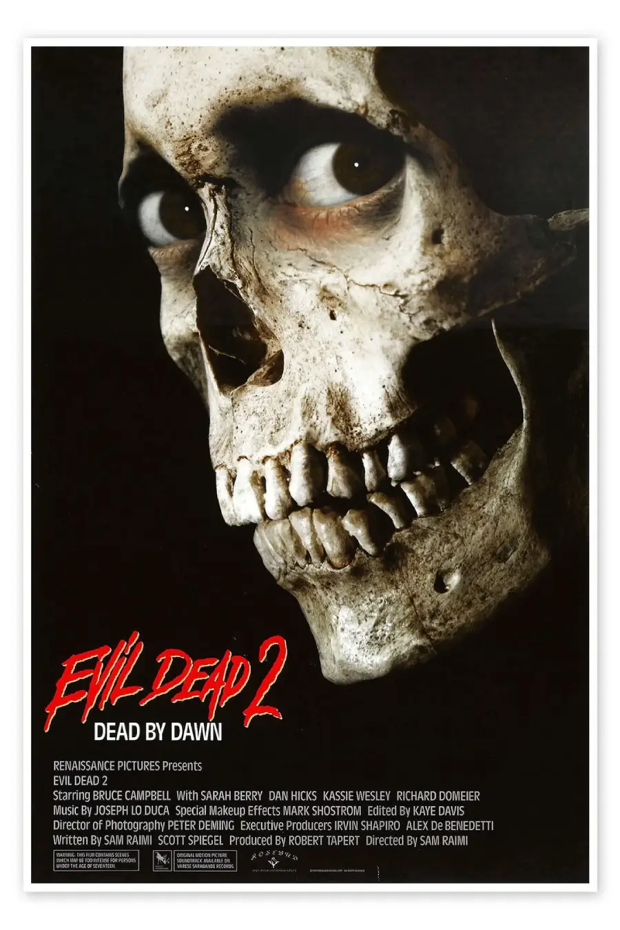 A close-up of a grinning skull with hollow eyes dominates the “Evil Dead 2: Dead by Dawn” movie poster, featuring red and white title text and film credits at the bottom.