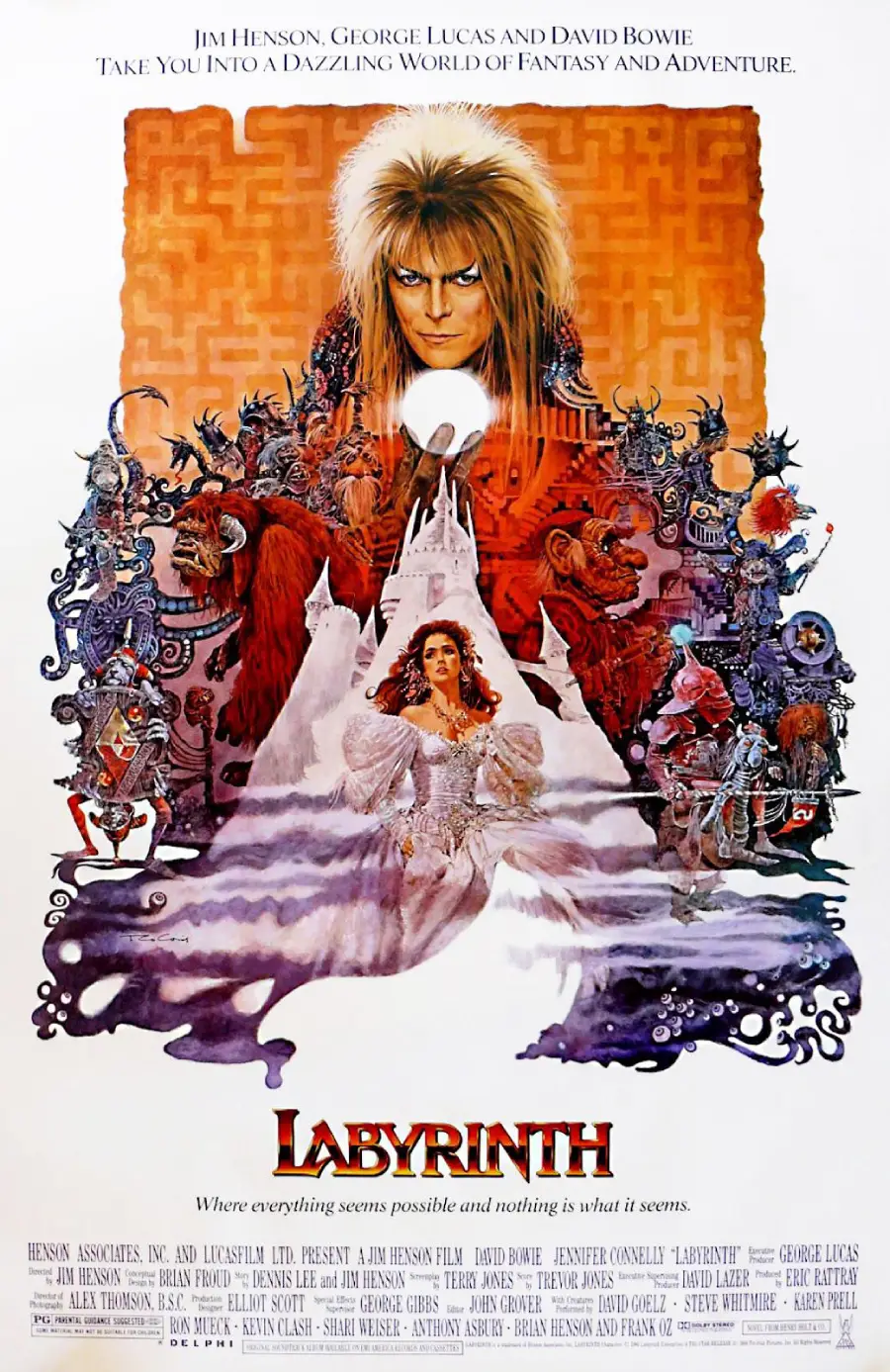 Movie poster for “Labyrinth” shows a woman in a white dress, fantastical creatures, an intricate maze, and a man with blonde hair looming above, with the film’s title and credits at the bottom.
