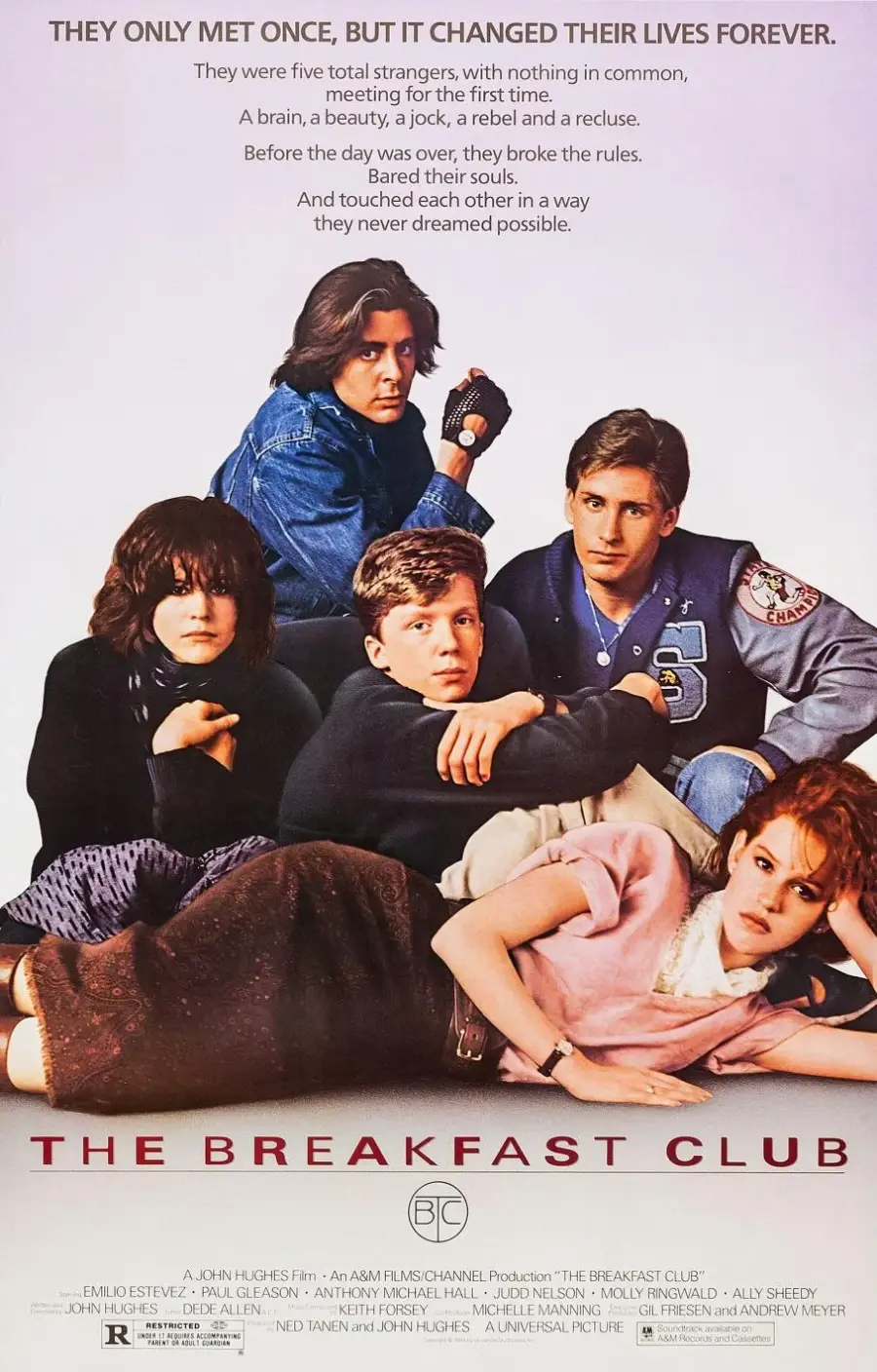 Five teens sit together on a white background, each with distinct 1980s clothing styles, looking serious. Text above and below them references “The Breakfast Club” film and its famous tagline.
