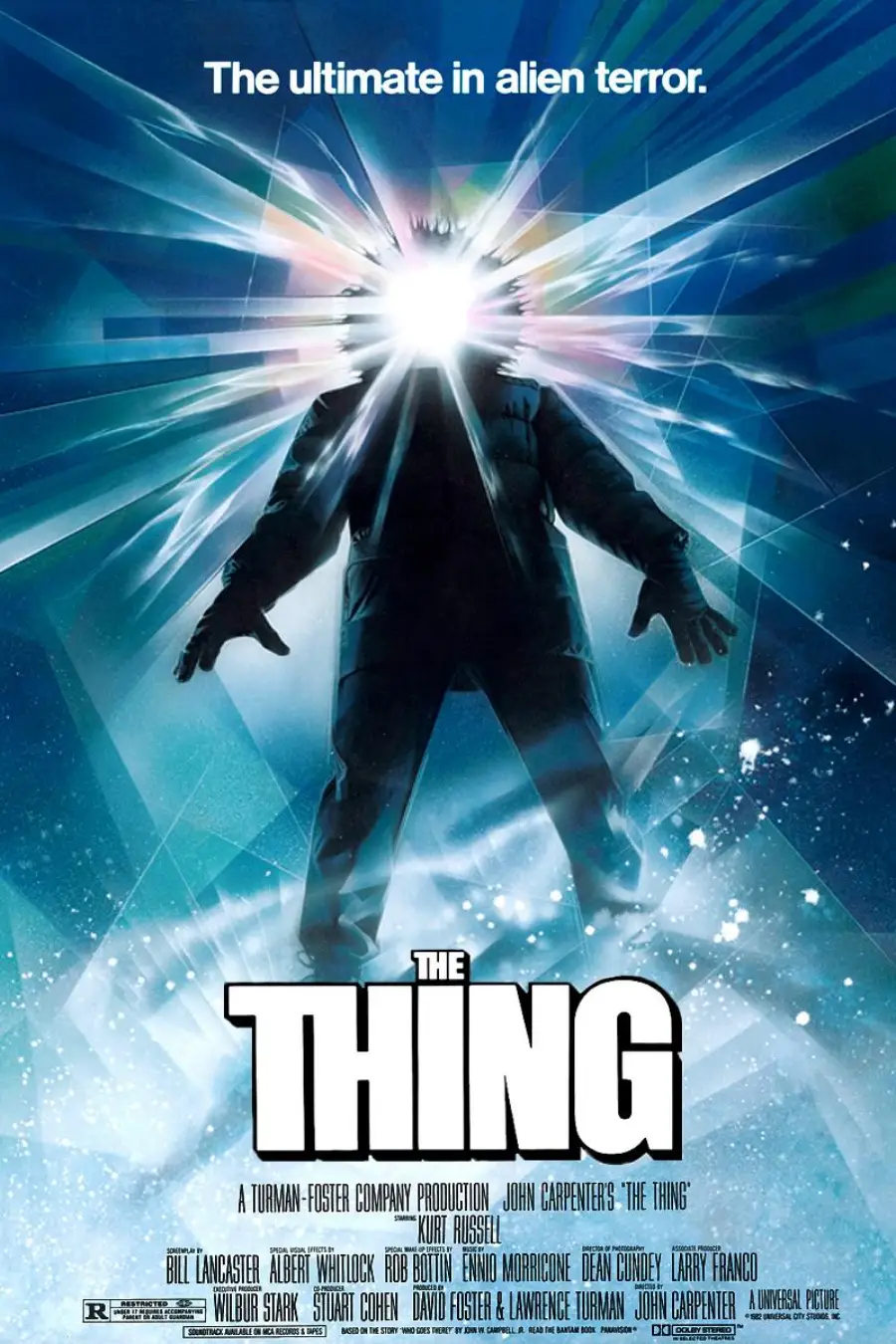 Poster for “The Thing” shows a silhouetted figure in a parka with a glowing, radiant face, blue-white light bursting outward, and the tagline “The ultimate in alien terror” above. The movie title appears at the bottom.