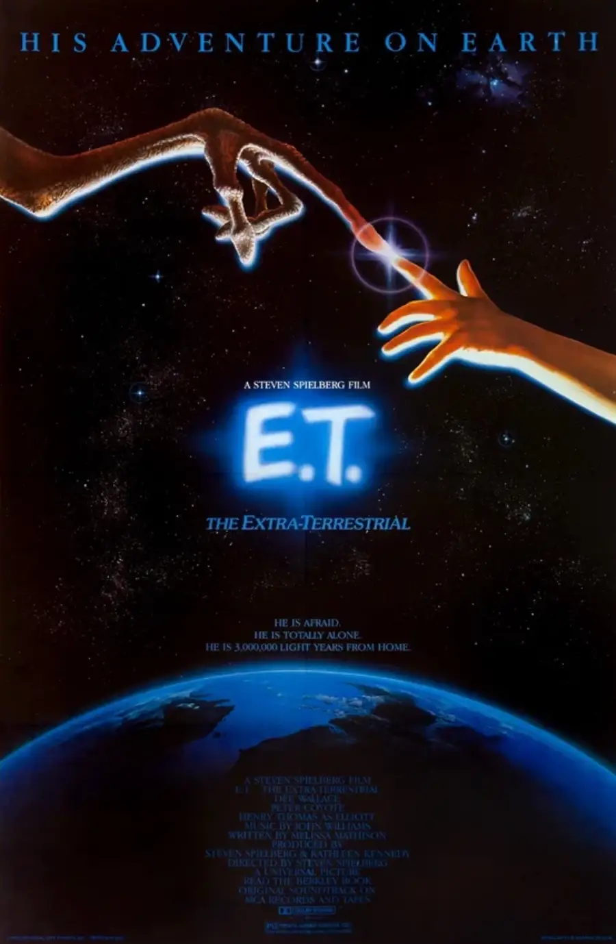 A glowing alien finger and a human finger nearly touch above Earth, with “E.T. The Extra-Terrestrial” and film credits in blue text at the center, stars shining in the black sky.