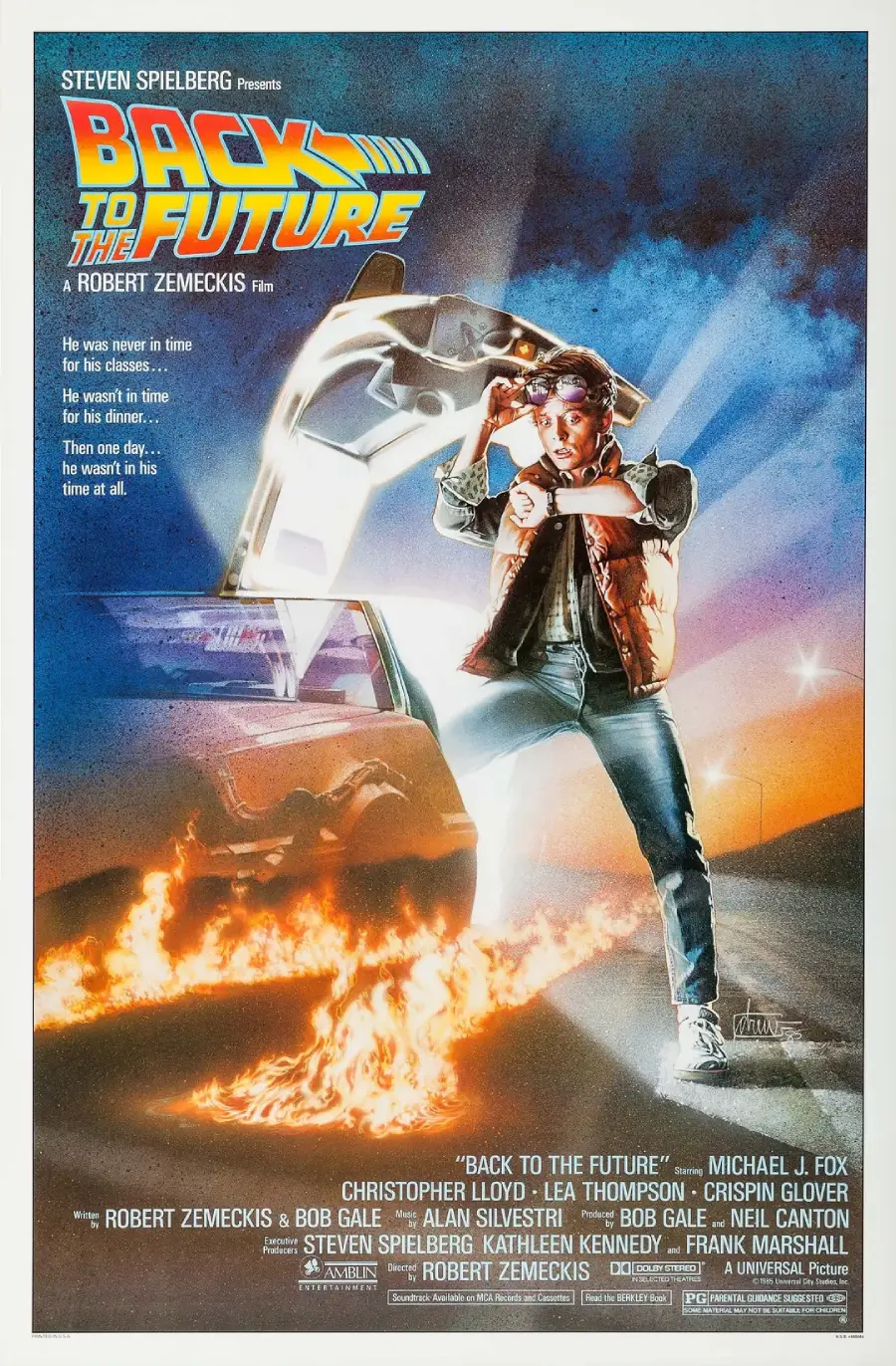 Movie poster for “Back to the Future” showing a young man in a red vest checking his watch next to a car with gullwing doors, leaving fiery tire tracks. Bright light shines from the car. Title and credits are at the top and bottom.