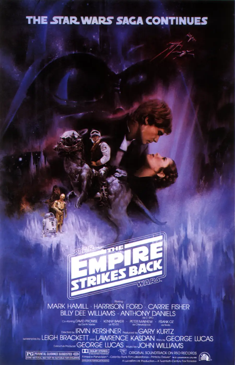 Poster for “The Empire Strikes Back” with Han Solo and Leia kissing, other characters below, and a starry, icy background. Text includes the title and credits.
