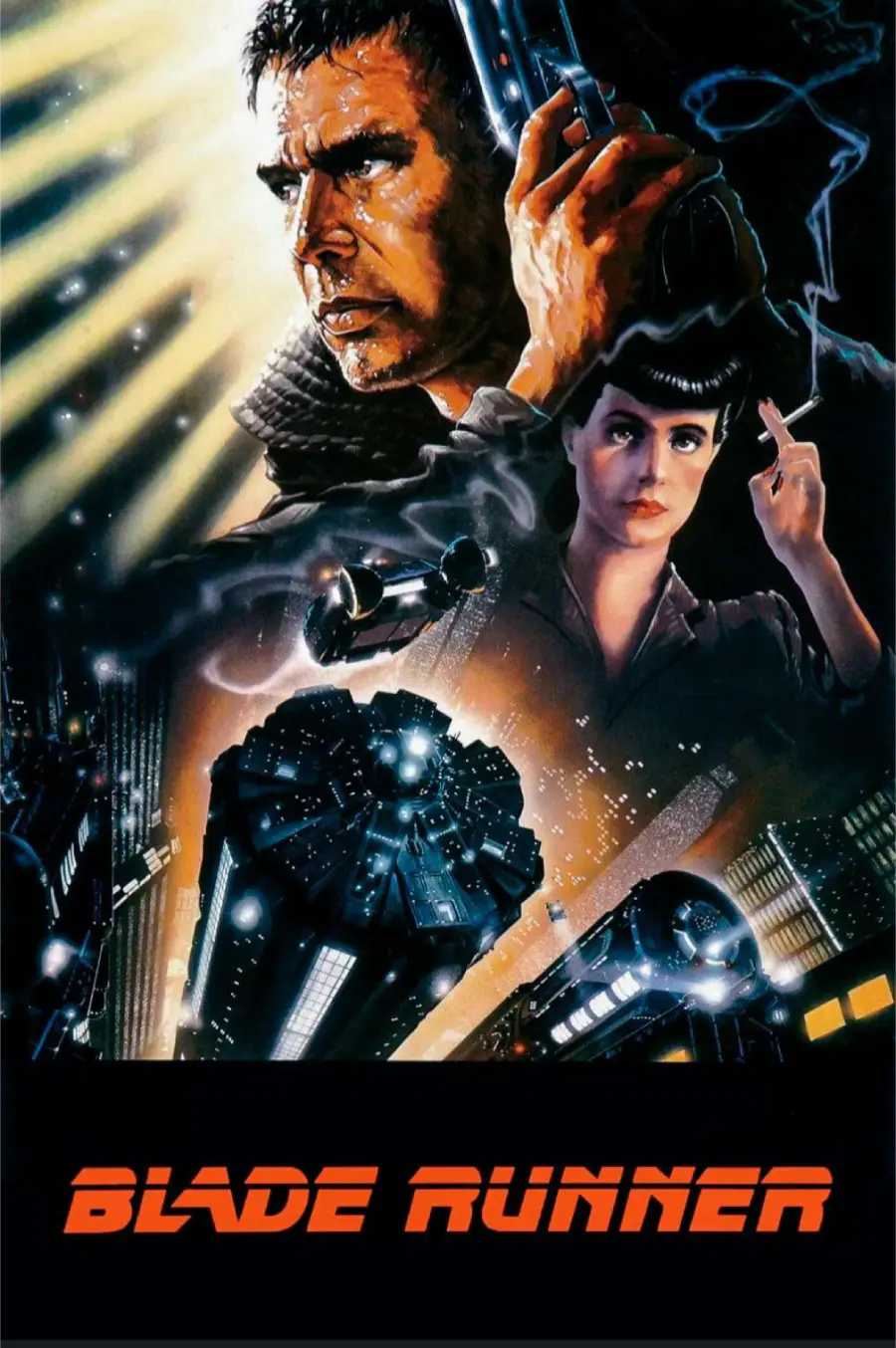 Blade Runner movie poster featuring a man holding a gun, a woman, and futuristic cityscape with bright lights, flying cars, and bold “Blade Runner” text at the bottom. Dramatic, neon-lit, sci-fi atmosphere.