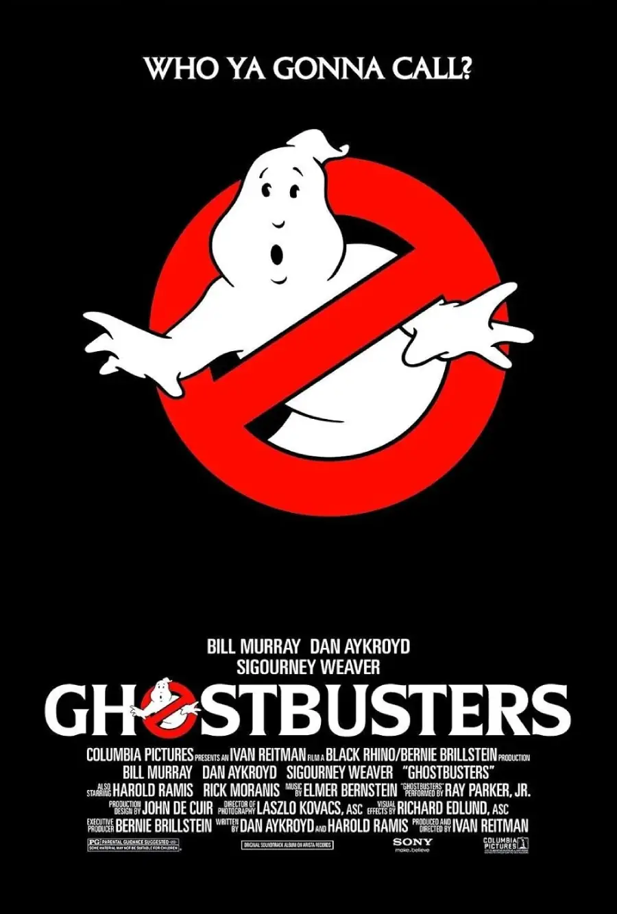 The Ghostbusters movie poster features a white ghost inside a red prohibition sign with the text “Who ya gonna call?” above and the cast and title below.