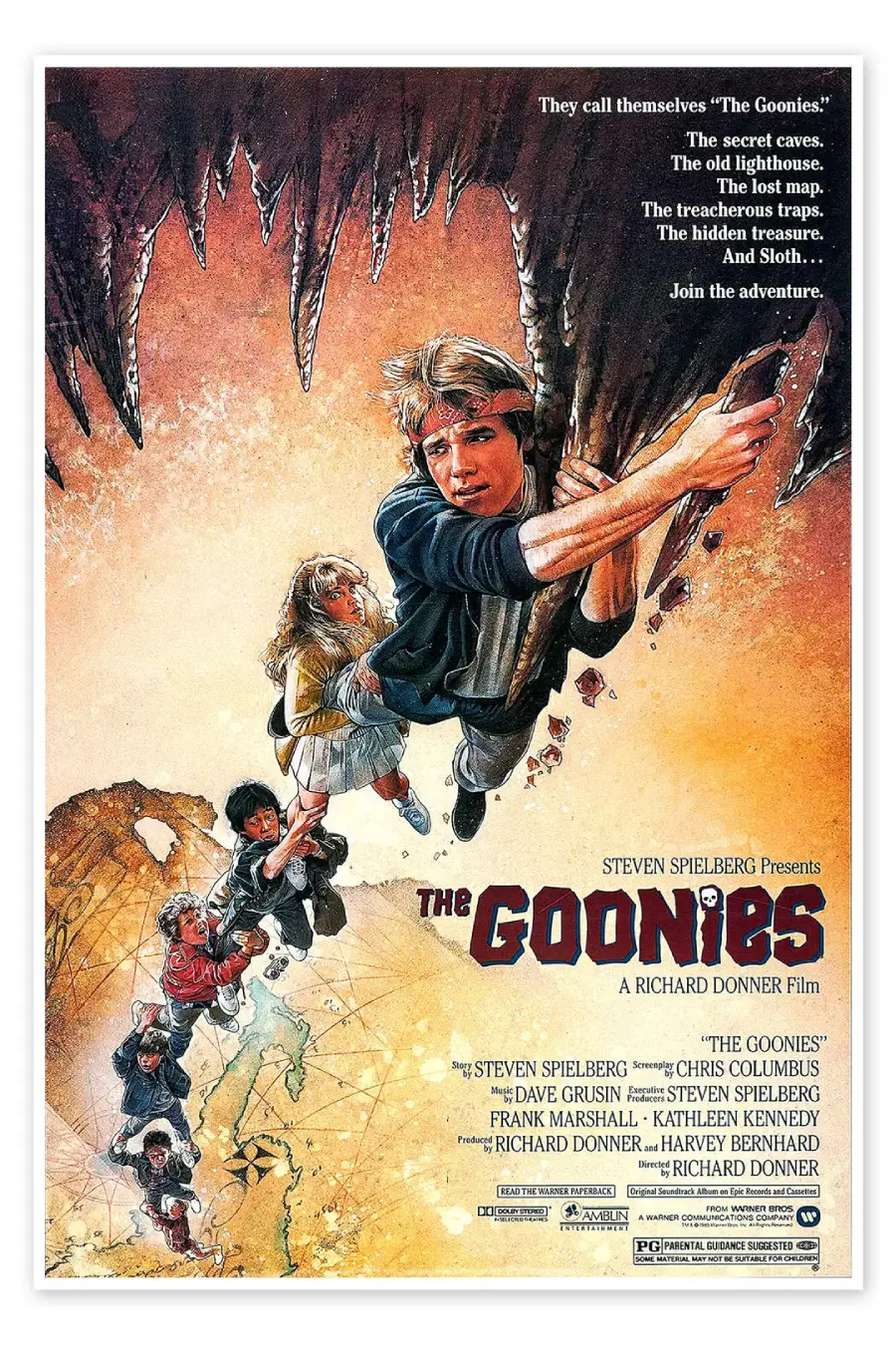 Seven kids dangle perilously from a chain over a rocky chasm, reaching for safety above. The movie title “The Goonies” is in bold, and taglines invite viewers to join the adventure.