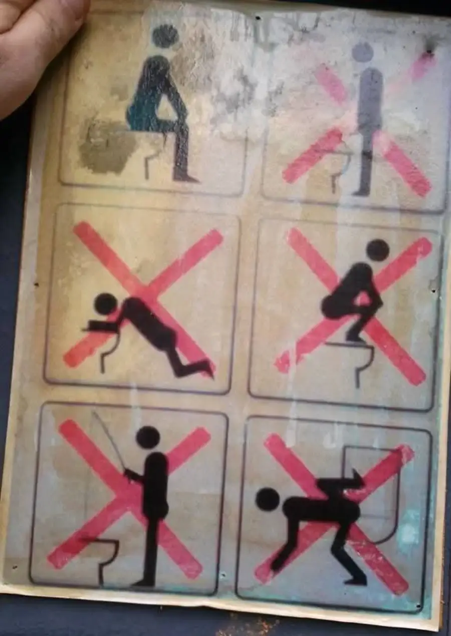 Sign showing correct way to sit on a toilet in the top left, and five incorrect positions crossed out in red, including standing, squatting, lying down, fishing, and bending over backward.