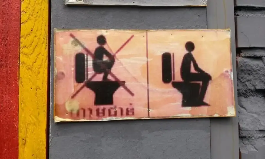 A sign shows not to squat on a toilet (left), with a red X, and to sit on it properly (right), using black stick figure illustrations.