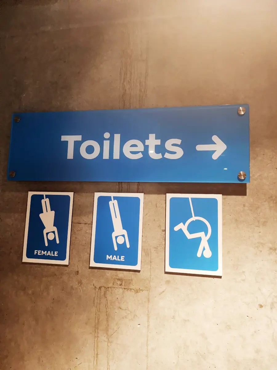 A blue “Toilets” sign with icons for female, male, and a third icon showing a person hanging upside down, possibly indicating an all-gender or humorous restroom option.