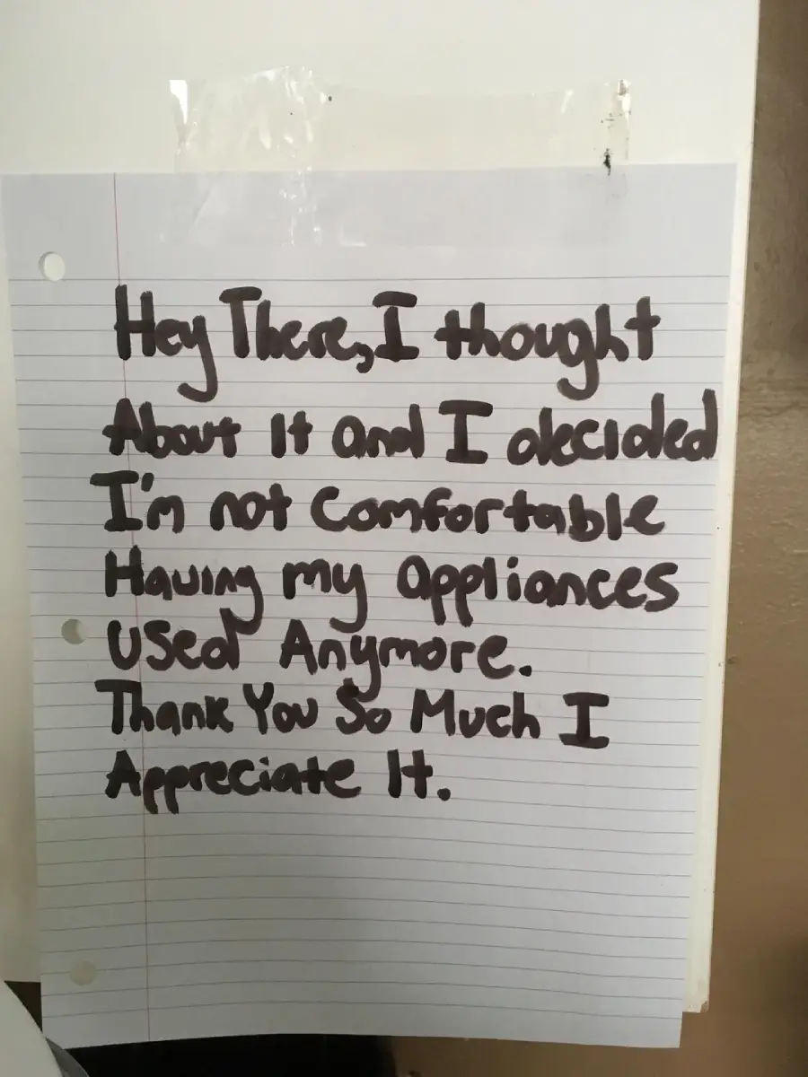 A handwritten note on lined paper says not to use the writer’s appliances anymore and thanks the reader for understanding.