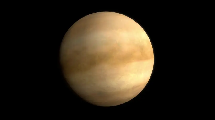 A digital rendering of Venus, showing a yellowish, cloud-covered planet against a black background.