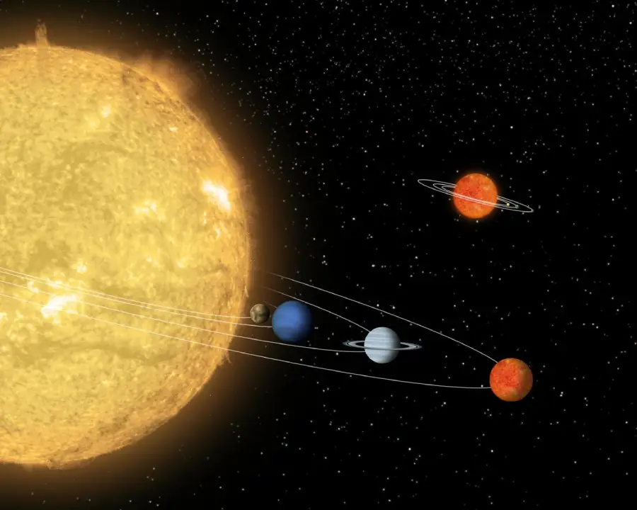 Illustration of a large yellow sun with several planets orbiting it. Some planets have rings, and thin white lines indicate their orbits against a starry black space background.