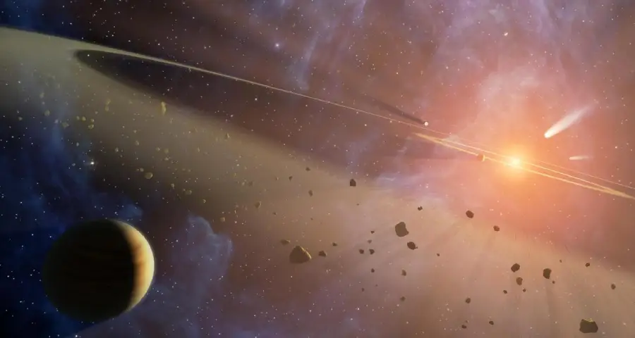 A colorful space scene shows a planet, surrounding asteroid debris, and several comets or meteors with glowing trails near a bright star against a nebula background.