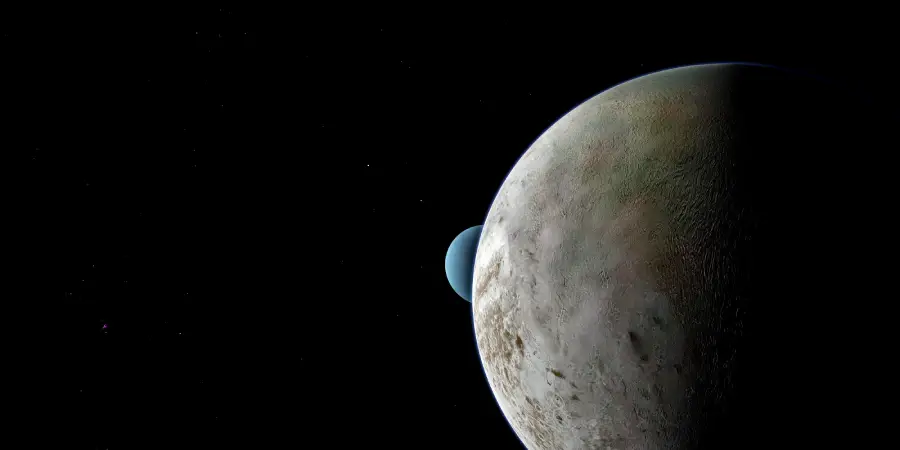 A large, cratered planet is partially lit on the right, with a smaller blue planet peeking from behind it, set against a black star-speckled space background.