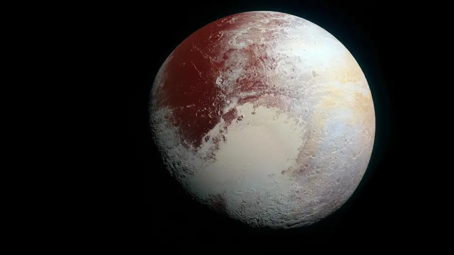 A detailed image of Pluto shows a mostly white and reddish surface with distinct bright and dark regions against a black background.