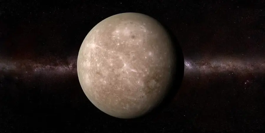 A gray, rocky planet with light and dark patches is centered against a dark starry background, resembling Mercury in space.