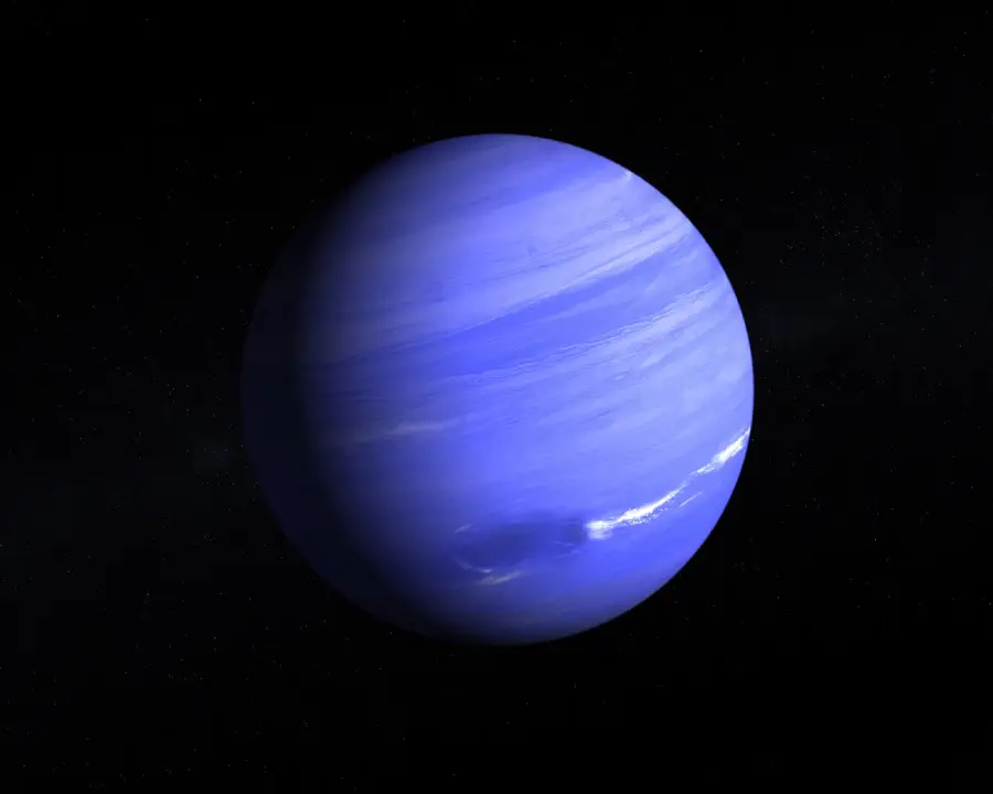 A blue planet with swirling white clouds and dark spots appears against a black starry background, resembling Neptune in space.