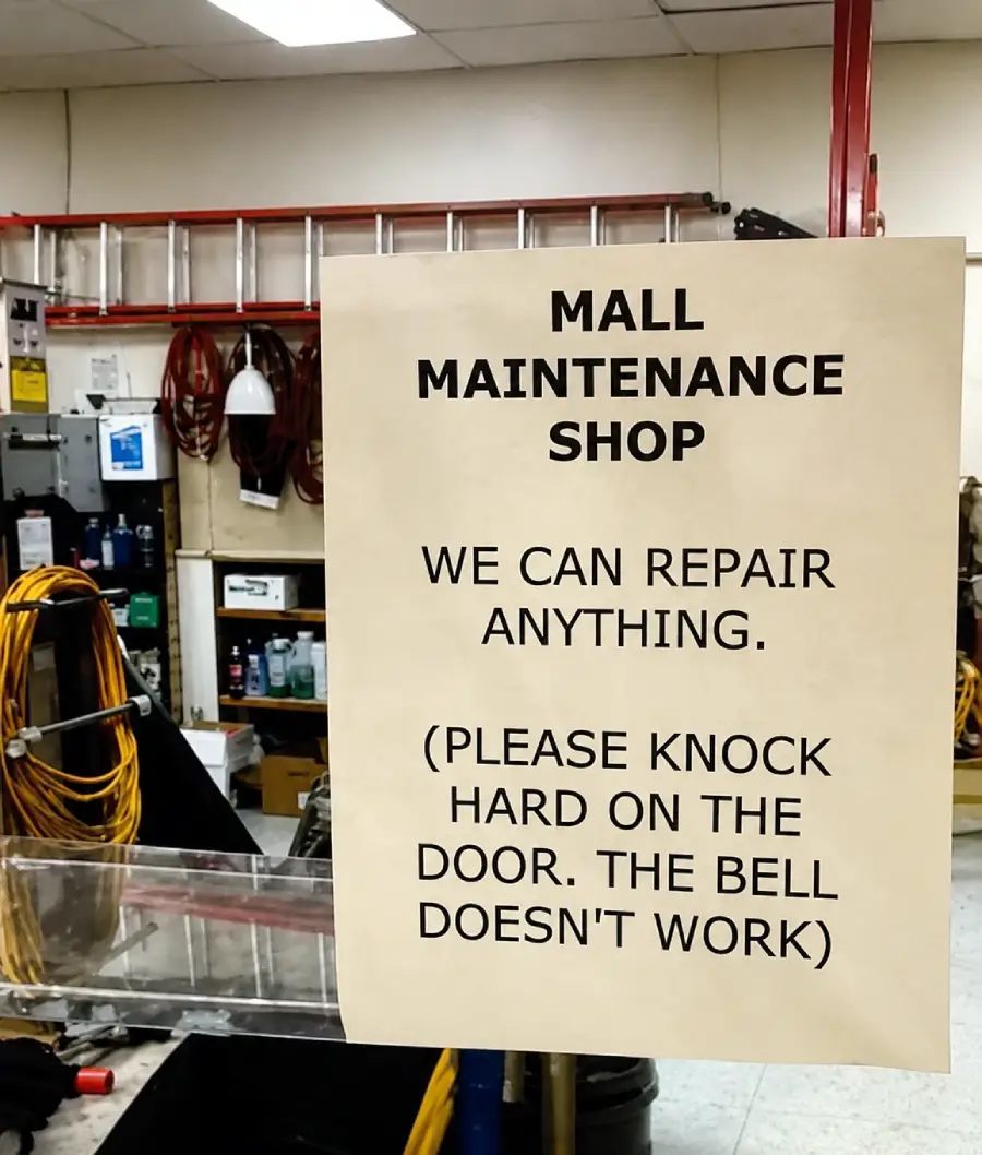 A sign reads: “Mall Maintenance Shop. We can repair anything. (Please knock hard on the door. The bell doesn’t work).” Workshop tools and supplies are visible in the background.