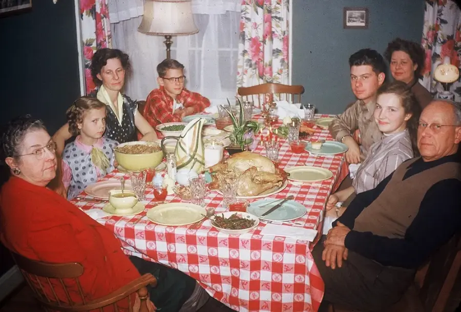 Eight people sit around a dining table with a red and white checkered tablecloth, sharing a meal with a roast turkey and various dishes, in a cozy room with floral curtains.