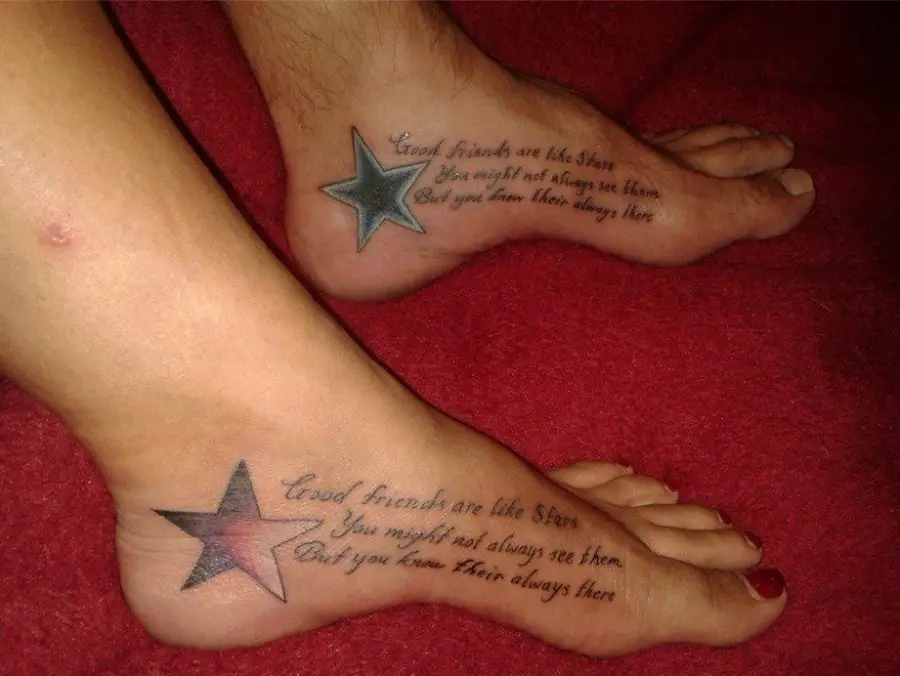 Two feet on a red surface, each with a star tattoo and the text: “Good friends are like stars. You might not always see them, but you know they’re always there.”