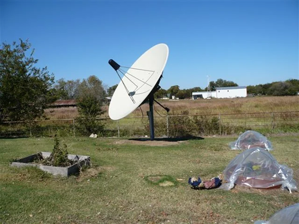 A large white satellite dish stands on grass near a garden bed, with wrapped objects and plants nearby. There are trees, a fence, and a white building in the background under a clear blue sky.