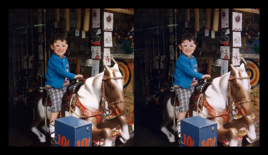 A smiling child in white glasses and a blue sweater rides a coin-operated toy horse outside a shop filled with colorful signs and objects. The same image appears side by side.