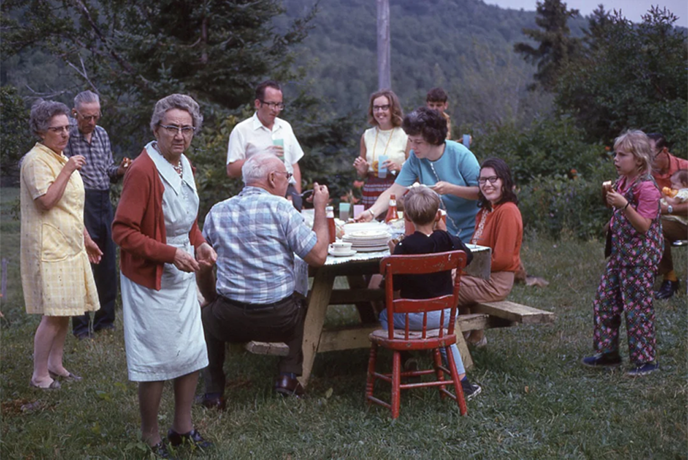 A group of people enjoy a picnic outdoors at a wooden table, eating and talking, surrounded by grass and trees, with hills in the background.