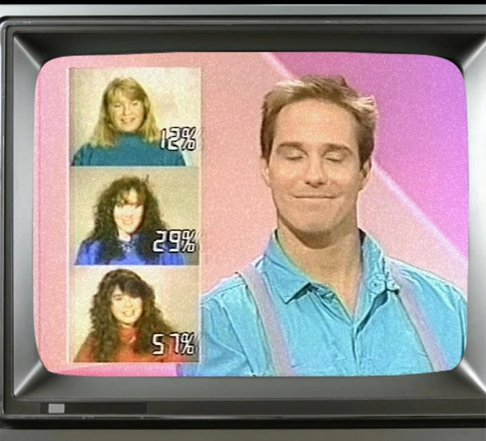 A man in a blue shirt stands next to a TV screen showing three women’s photos with percentages: 12%, 29%, and 57%. The background is pink and purple.