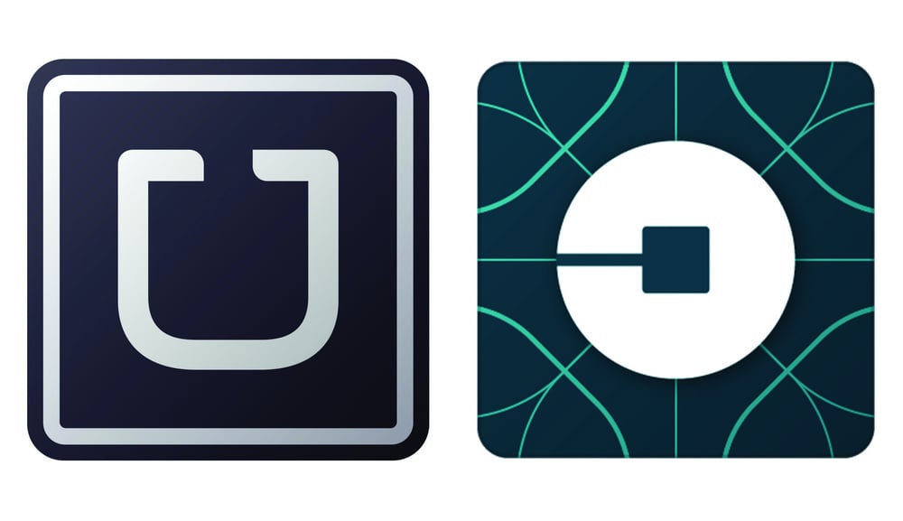 Two Uber logos: the left is a stylized white “U” on a dark background; the right is a white circle with a small square in the center, set against a patterned dark background with light green lines.