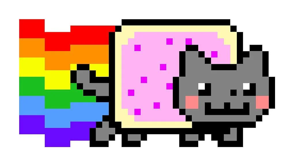 Pixel art of a gray cat with a pink, sprinkle-covered, pastry body, flying and leaving a rainbow trail behind it on a white background.