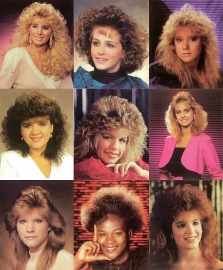 A grid of nine women with voluminous, teased 1980s hairstyles, wearing colorful or formal clothing, and posing against softly lit, retro studio backgrounds.
