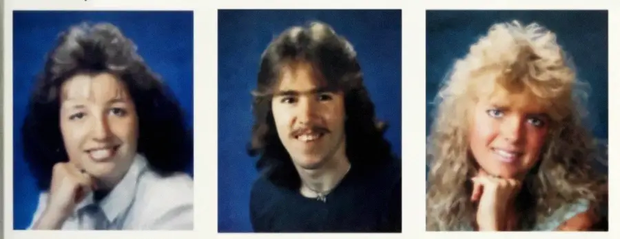 Three people with 1980s hairstyles pose for portraits against blue backgrounds, each resting their chin on their hand and smiling at the camera.