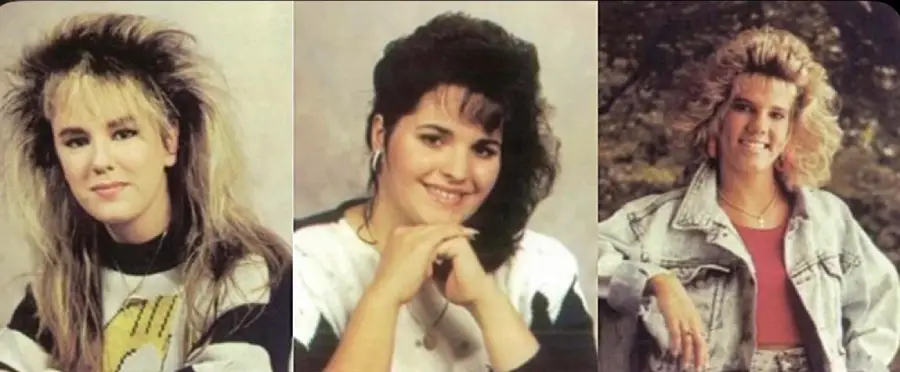 Three women with big, teased hairstyles typical of the 1980s, each posing for a photo. The first wears a patterned sweater, the second smiles with hands folded, and the third wears a denim jacket outdoors.