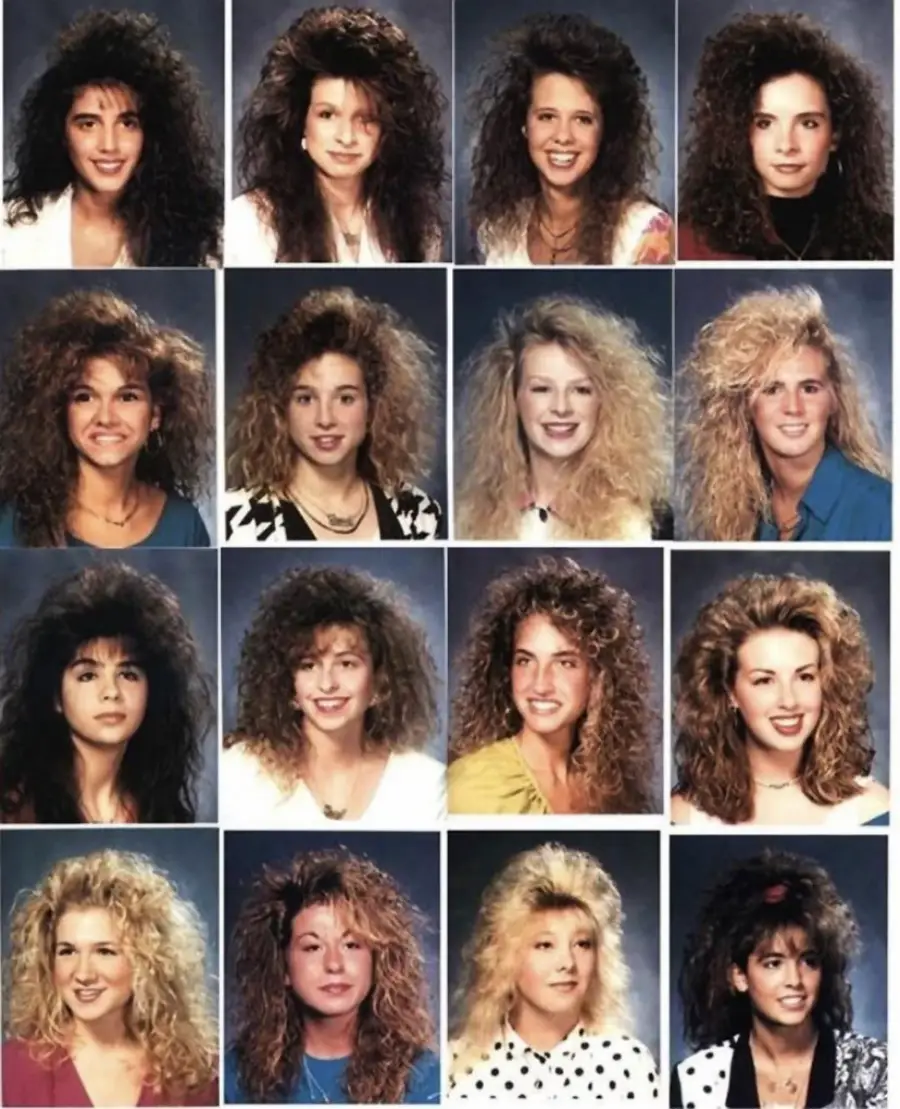 Grid of 16 school portraits of women with big, voluminous, teased hairstyles typical of the 1980s, all smiling and wearing colorful, patterned outfits.