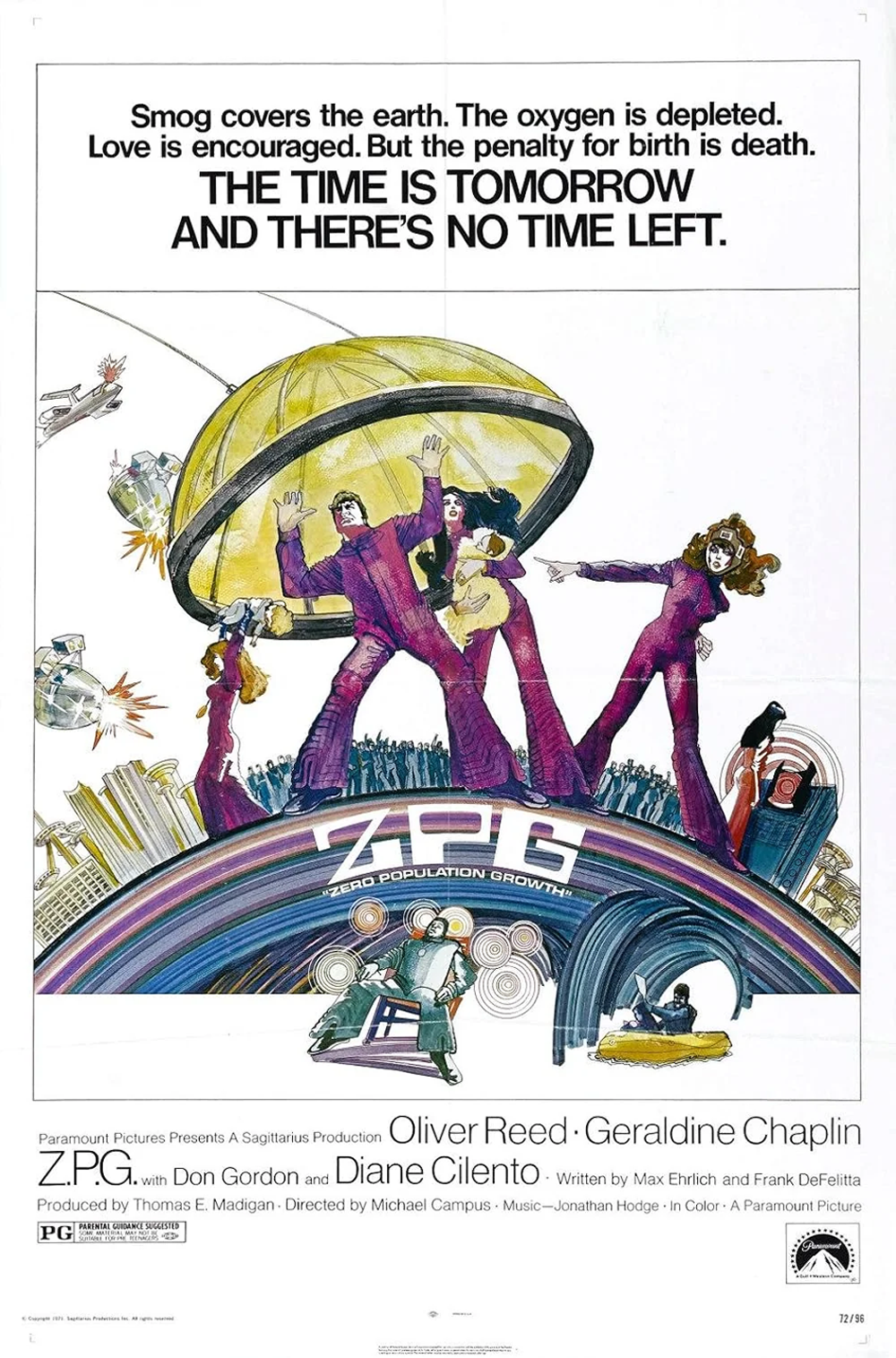 Futuristic illustrated movie poster showing people in clear domes and wearing colorful outfits, with bold text warning about overpopulation and environmental crisis. Title: “Z.P.G.” and cast listed at the bottom.