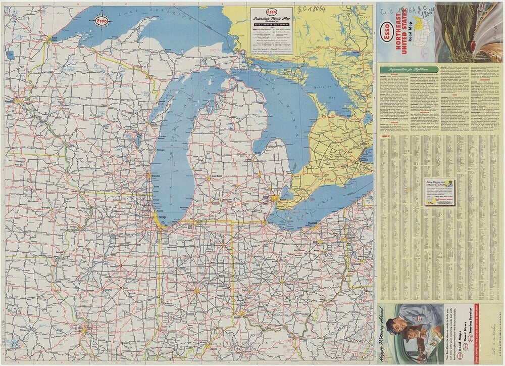 A vintage road map of Michigan, Ohio, and surrounding states with highways, cities, and major routes marked. Side panel includes travel info, a legend, and a photo of a person in a car holding a map.