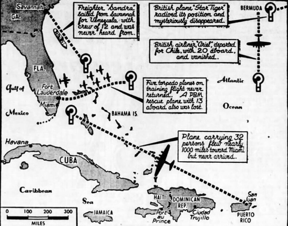 Map of Bermuda Triangle disappearances.