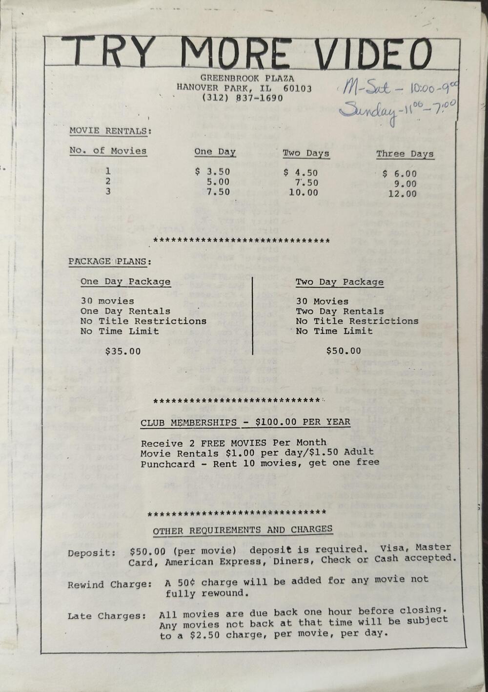 A vintage rental store price list with memberships, deposits, rewind charges, and late fees.