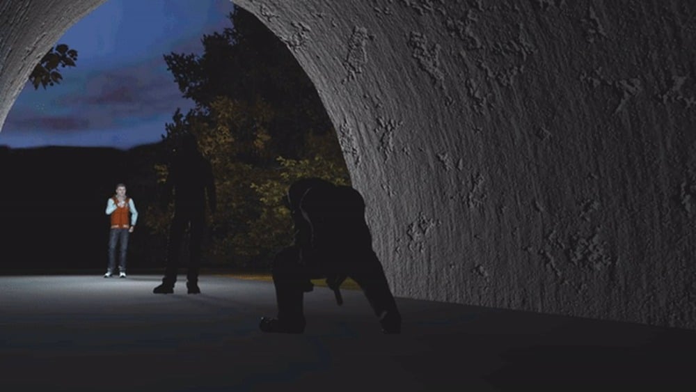Three people are in a tunnel at night; one person stands in the background, another is in the shadows, and the third is crouched in the foreground. Trees and a dark sky are visible outside.