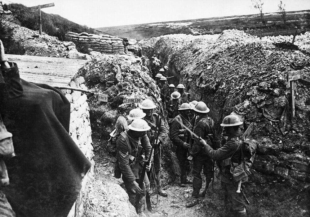 World War I soldiers in a trench with rifles and bayonets