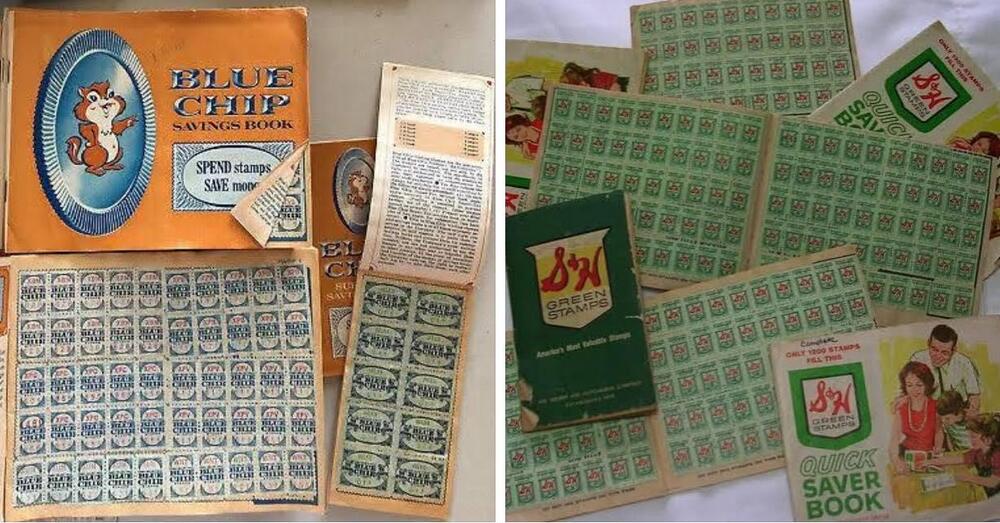 Two types of vintage trading stamps: Blue Chip Savings Book with blue stamps on the left, and S&H Green Stamps books filled with green stamps on the right, laid out on a flat surface.
