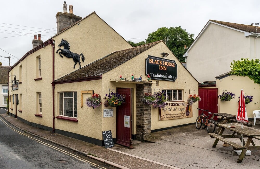 The exterior of a traditional pub advertising ales.
