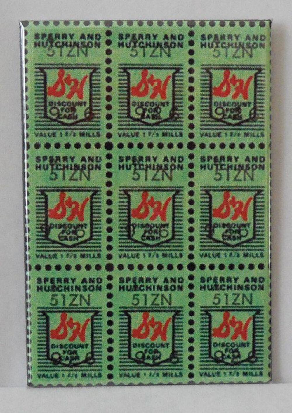 A sheet of nine vintage green S&H Green Stamps, each labeled “Sperry and Hutchinson Co.” and “Discount Coupon,” with red S&H logos and black text on a green background.