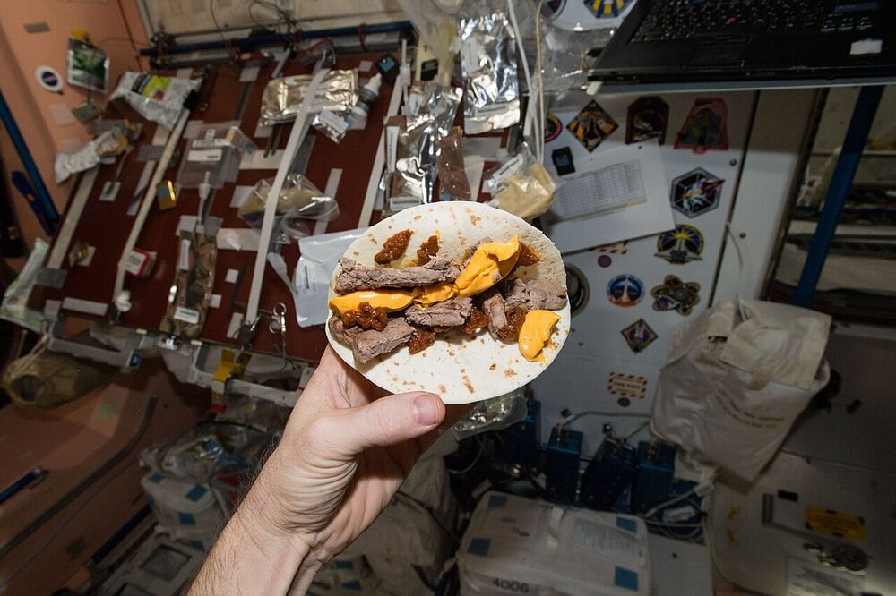 A tortilla meal is held inside the International Space Station.