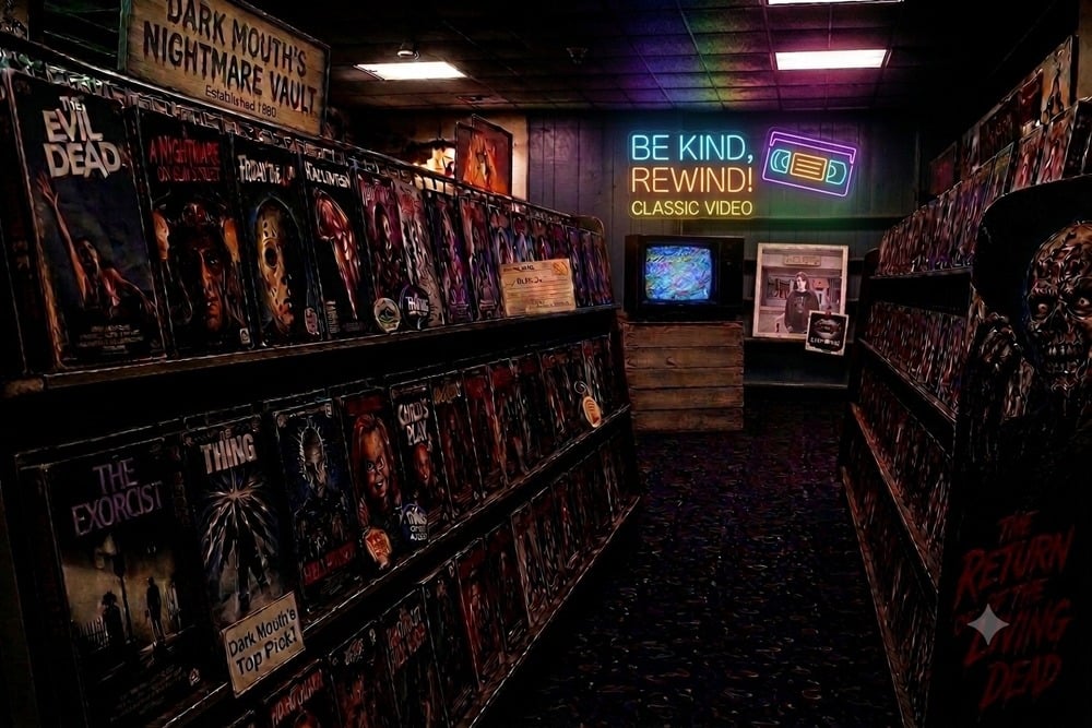 A dimly lit retro video store with horror VHS tapes.