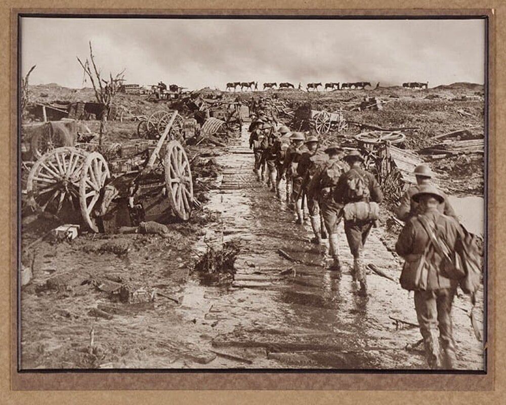 World War I infantry marching toward the front line