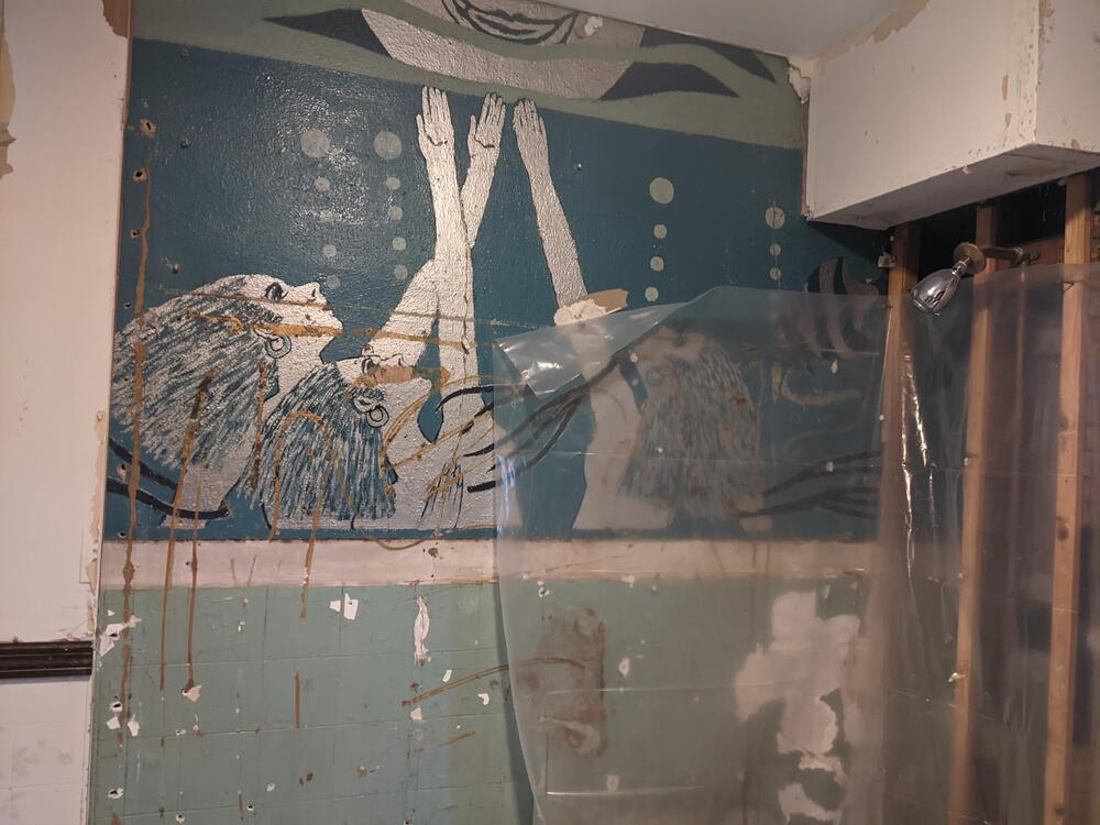 A partially demolished bathroom with a mural revealed during remodeling.